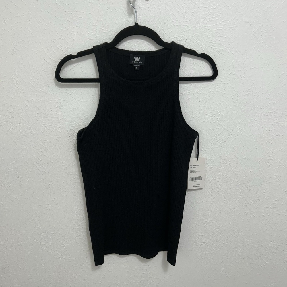 New W By Worth New York Black Rib Knit Tank Top Size M Stretch Minimalist Layer